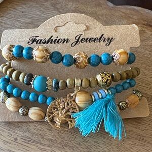 Fashion Jewelry Turquoise & Gold Layered Beaded Bracelet Set with Tree Charm
